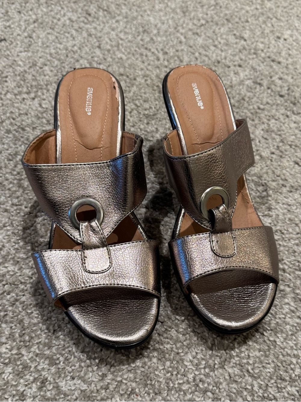 Avenue Metallic Silver Open-Toe Sandal Heels with Ring Accent